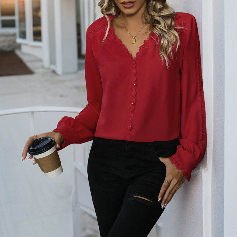 Versatile Long-sleeve Red Shirt For Women