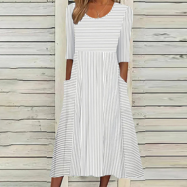 Women's Casual Round Neck Short Sleeves Striped Mid-length Dress Hover Image