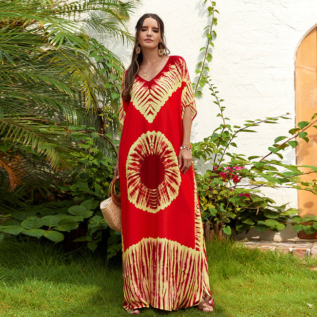 Rayon Printed V-neck Long Skirt Holiday Dress Main Image