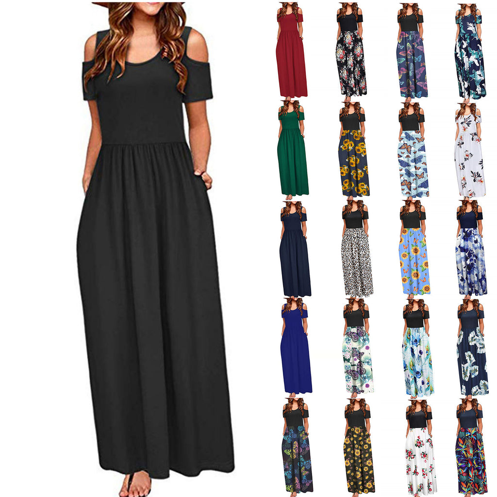 Flower Multicolor Printing Short Sleeve And Long Pattern Dress