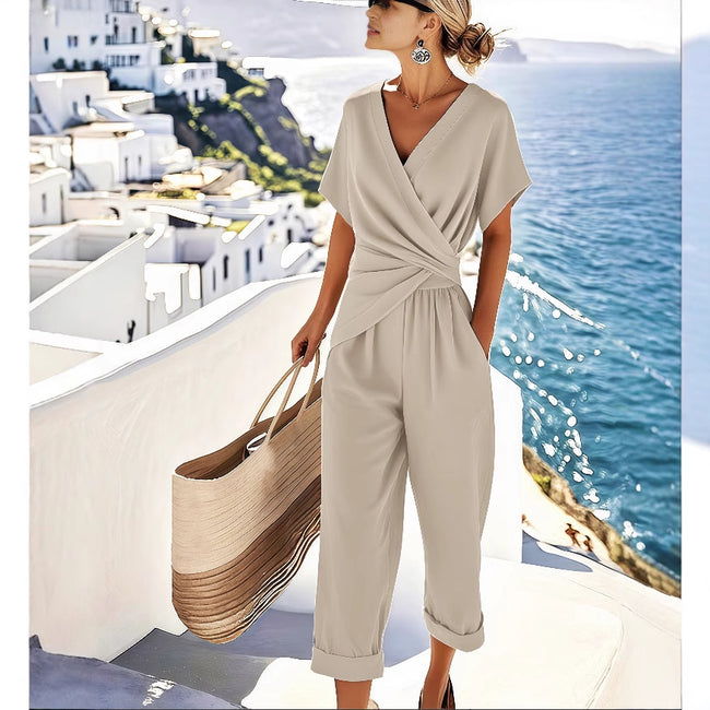Women's Two Pieces Set Fashion Solid Color Irregular Short Sleeve Suit Summer Fashion V Neck Slim Office Suit Casual Pleated Irregular Top And Pants Female Outfit Main Image