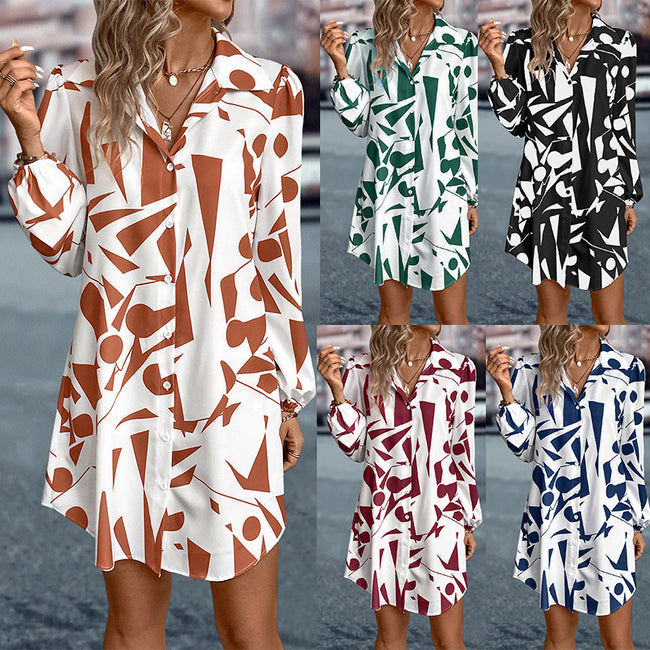 Women's Lapel Lantern Sleeve Print Dress Hover Image