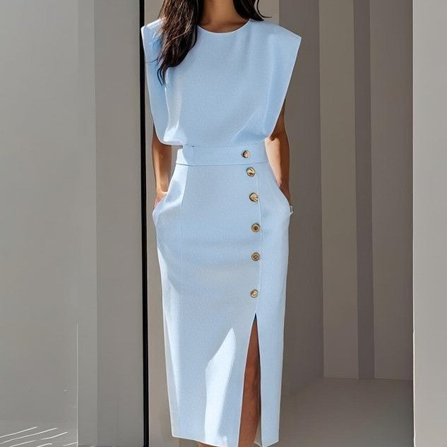 Women's Summer Split Dress With Buttons Casual Sleeveless Midi Dress Clothing