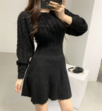 Round Neck Linen Pattern Waist Is Thinner A-line Knit Dress Female