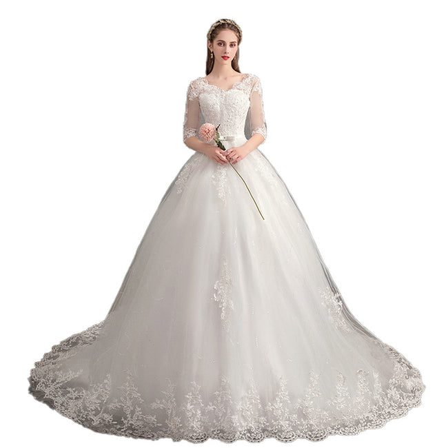 Wedding Dress Trailing Deep V Neck Lace High Waist Wedding Dress Long Sleeves Main Image