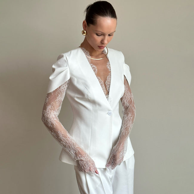 Womens Lace-Panel Single-Buckle Blazer Hover Image