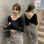 Sexy halter cross white t-shirt women autumn tight-fitting long-sleeved bottoming shirt