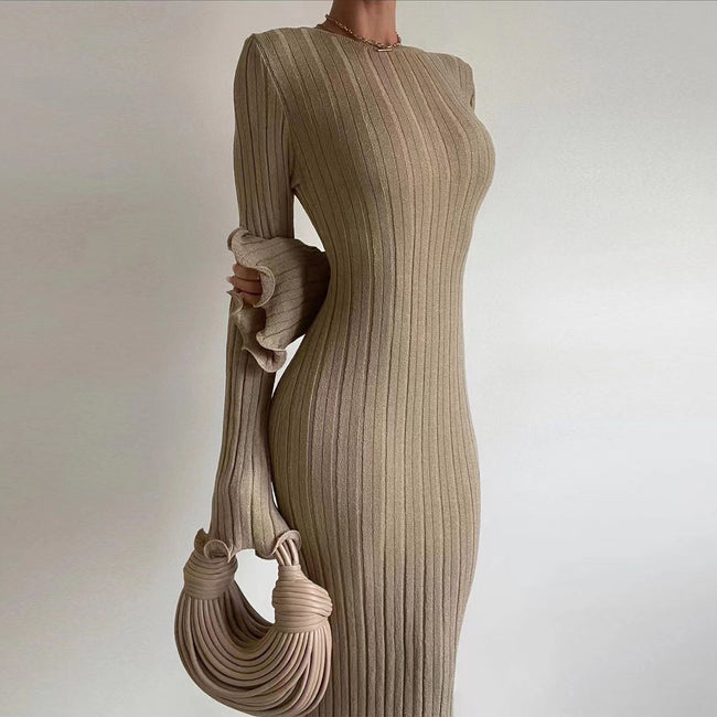 Ruffled Long Sleeved Knitted Dress Hover Image
