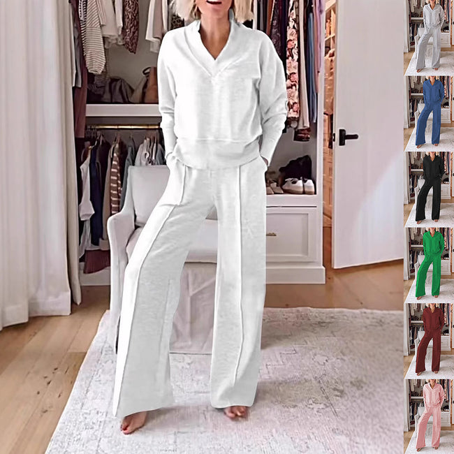 Women's Pullover Suit Casual Collared Long-Sleeved V-neck Top And Loose Straight-Leg Pants Fashion Sweatshirt Sport Trousers Set Hover Image