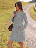 V-neck Pocket Sunken Stripe Brushed Long Sleeve Leisure Dress