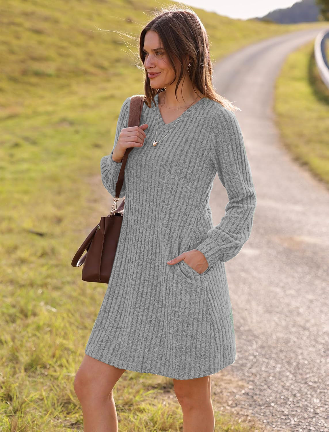 V-neck Pocket Sunken Stripe Brushed Long Sleeve Leisure Dress