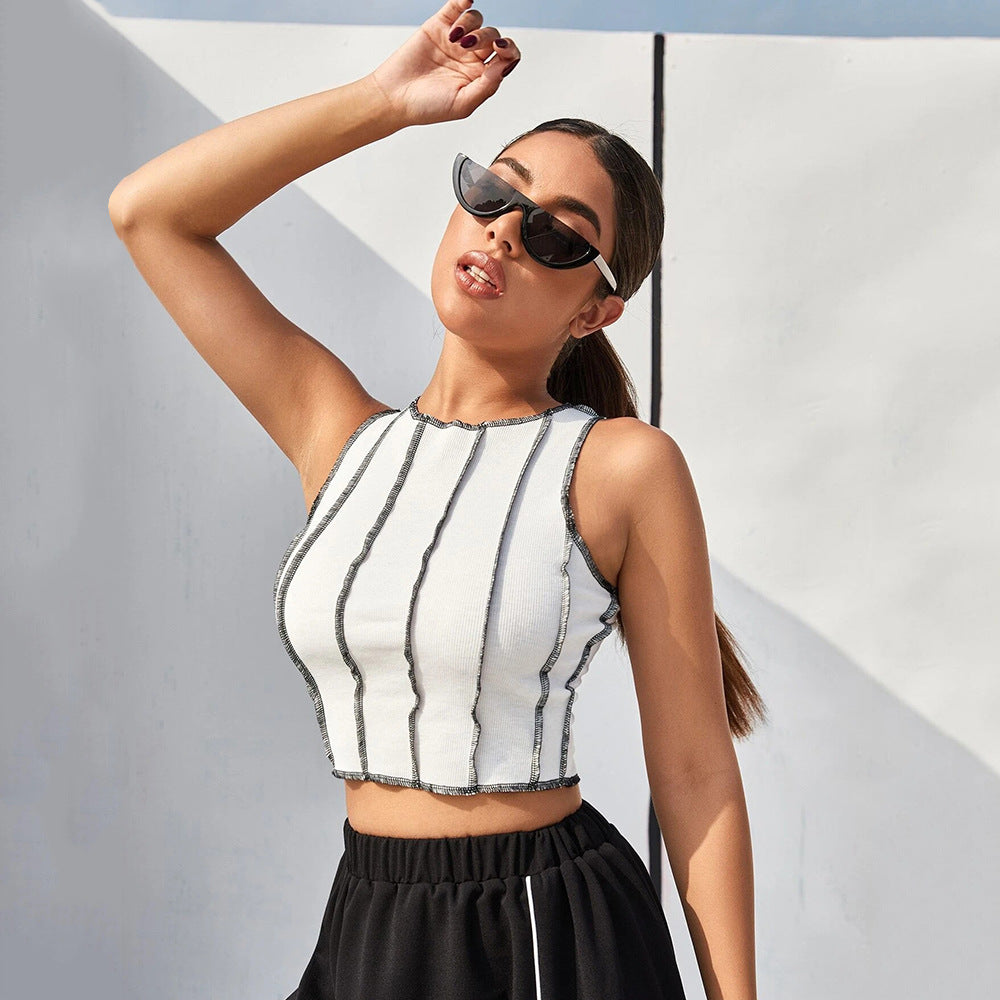 Contrast Stitching Round-neck Slim-fit Short Vest Top For Women