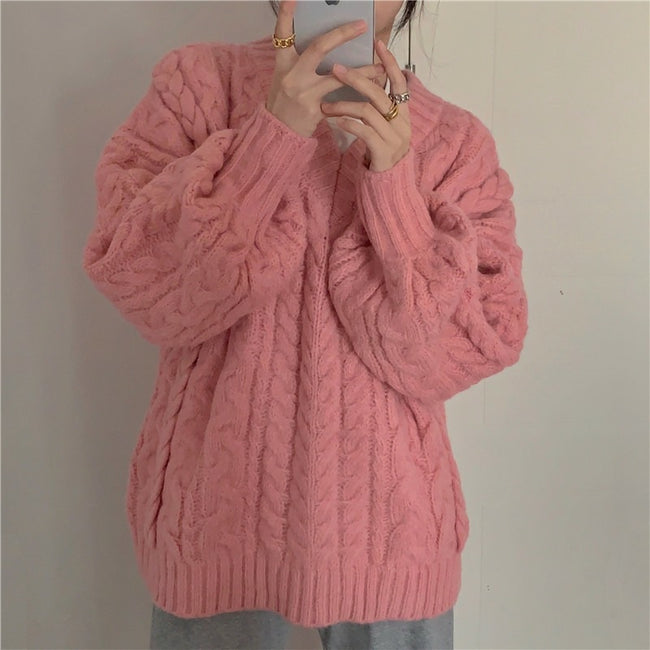 V-neck Thickening Cable-knit Sweater Women Hover Image