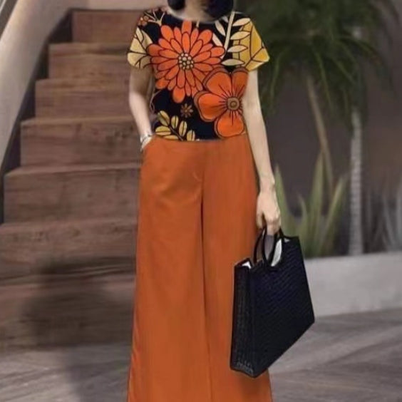 Cross-border Suit Summer Fashion Solid Color Plus Size Loose Short Sleeve Printed Trousers Two-piece Set