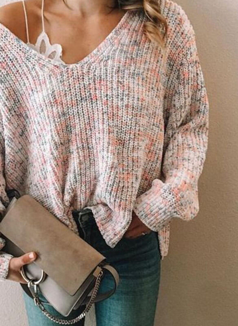 Fashion Knit Sweater Top Solid Color Casual V-Neck Sweater Women