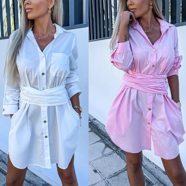 Multi-Color Rolled Sleeves Shirt Dress Women Hover Image