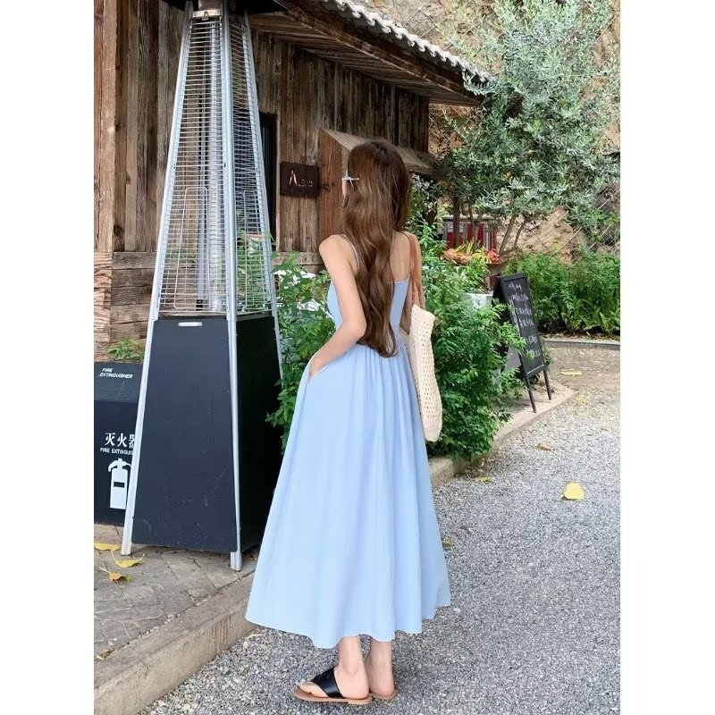 Gentle Blue Pleated Suspender Dress