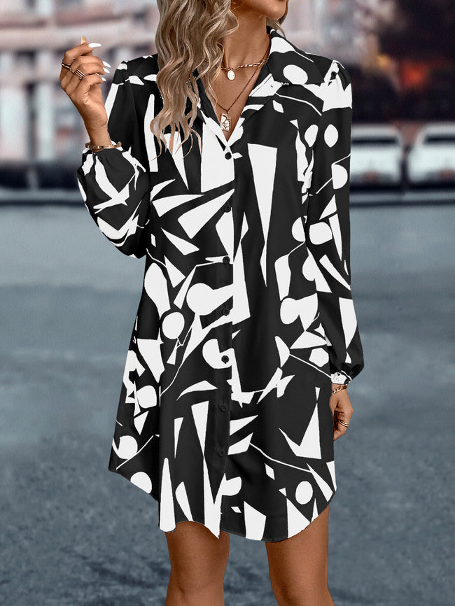 Women's Lapel Lantern Sleeve Print Dress Main Image