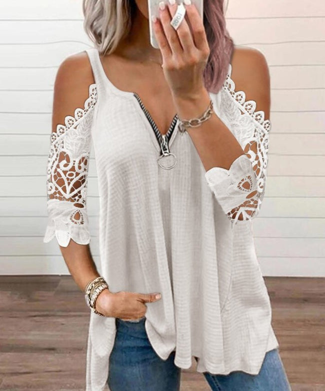 Sexy Summer Half Sleeve Lace Shirt Women Casual Zipper Hover Image