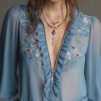 Embroidered Ruffle-Trimmed Zipper Chiffon Shirt For Women