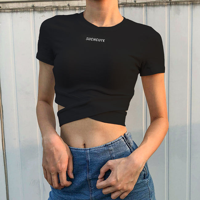 Cross straps exposed navel t-shirt women Hover Image