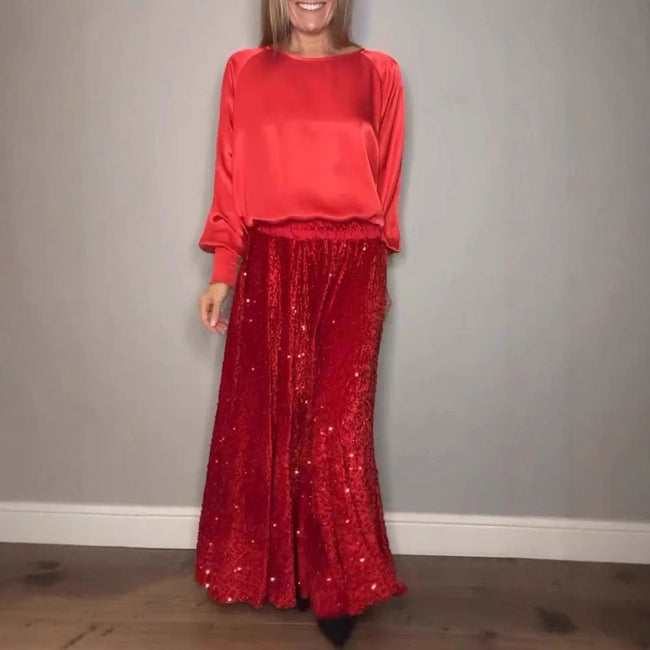 Round Neck Satin Top Sequin Dress Suit Two-piece Set Main Image