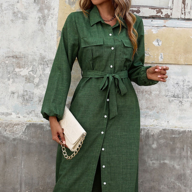 New Women Turn-down Collar Green Long Sleeve Solid Color Dress Hover Image