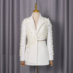 Two Piece Formal Suit Womens Hand Stitched Pearl Blazer And Skirt Set