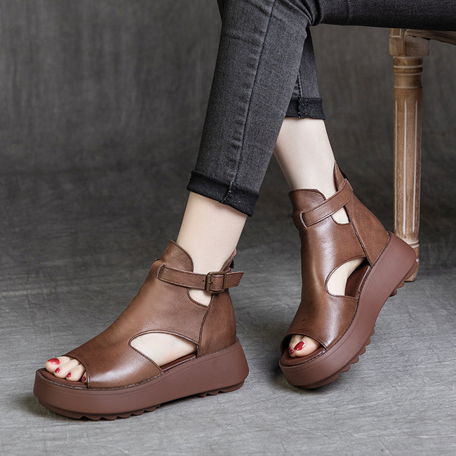 Summer New Retro First Layer Cowhide Back Empty Peep Toe Sandals For Women Main Image