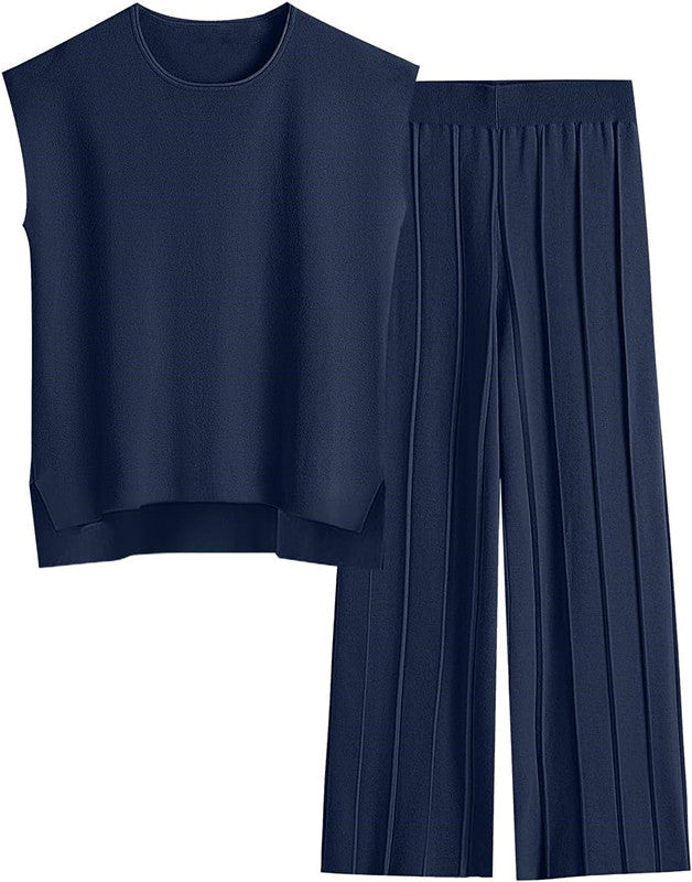 Women's Knit Casual Suit Sleeveless Vest Sweater Wide-leg Pants Two-piece Set