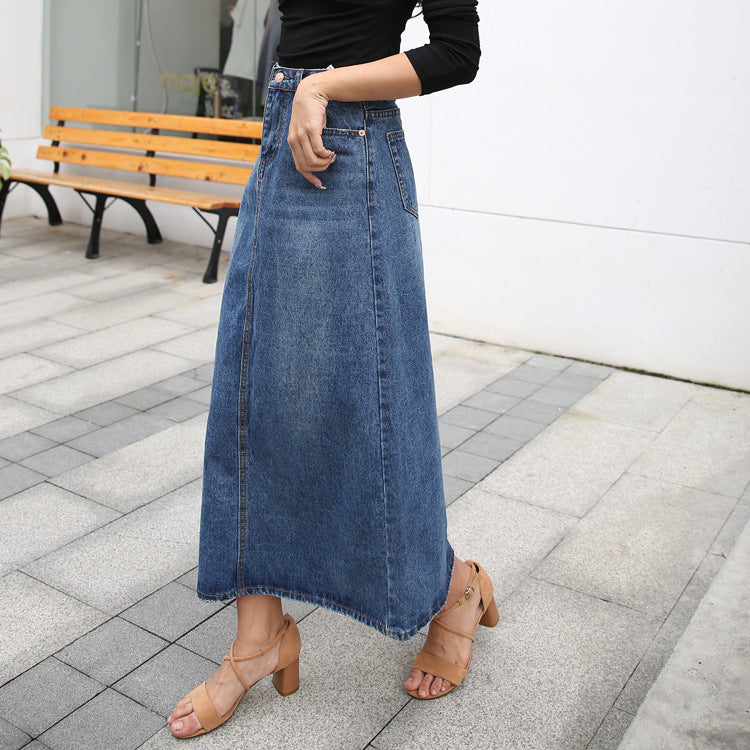 Women's A-line over ankle mid-length denim skirt