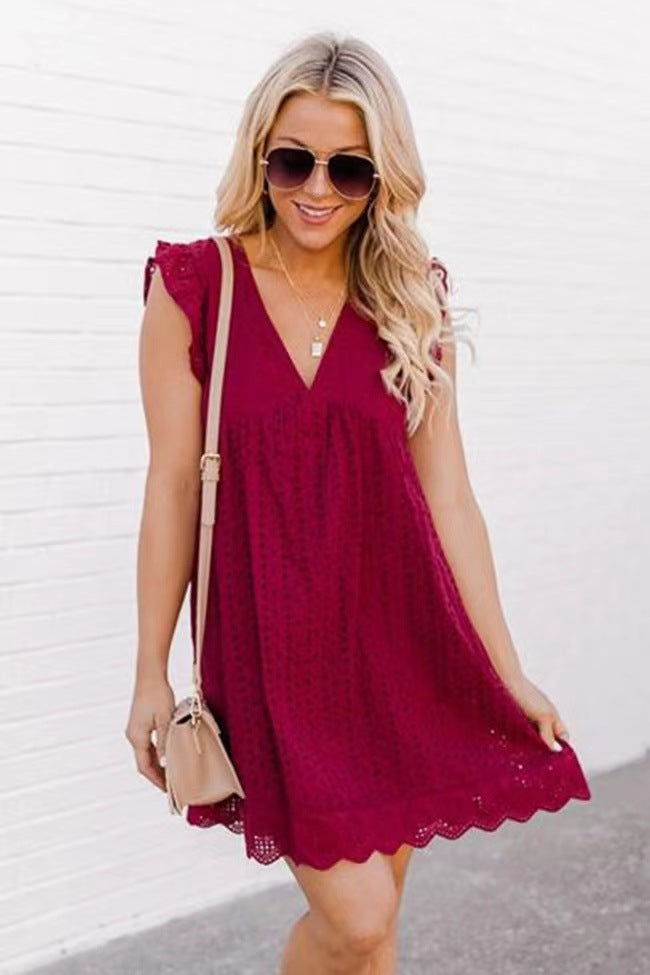 Lace Dresses With Pocket Summer Sleeveless Jacquard Cutout V-Neck Beach Dress Main Image