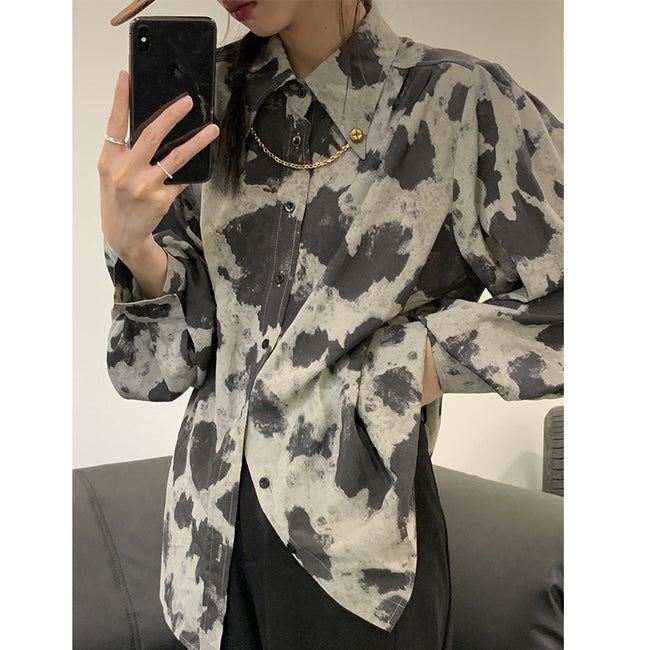 Blouse Long Sleeve Black Gray Color Block Leopard Shirt Button Up Chain Top Single-Breasted Womens Blouses Loose Main Image
