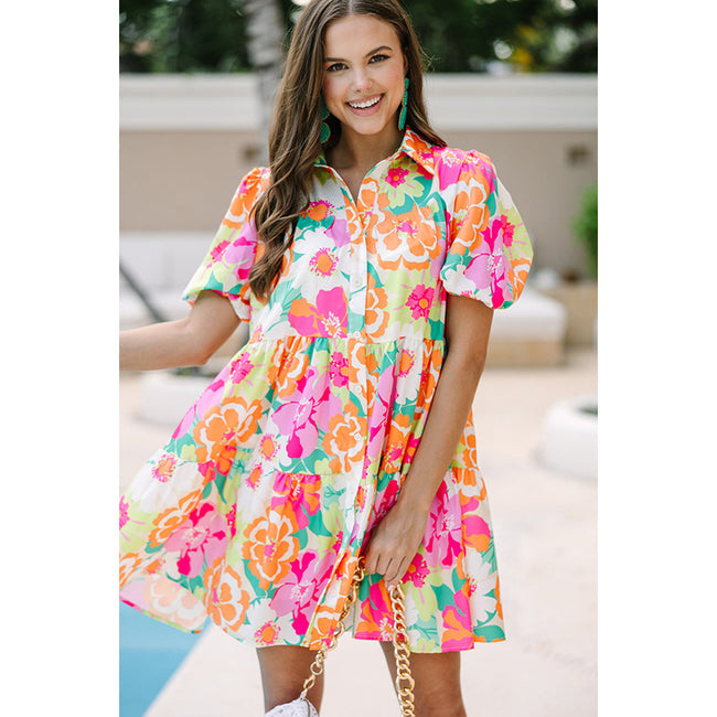 Summer Floral Print Puff Sleeve Dress Main Image