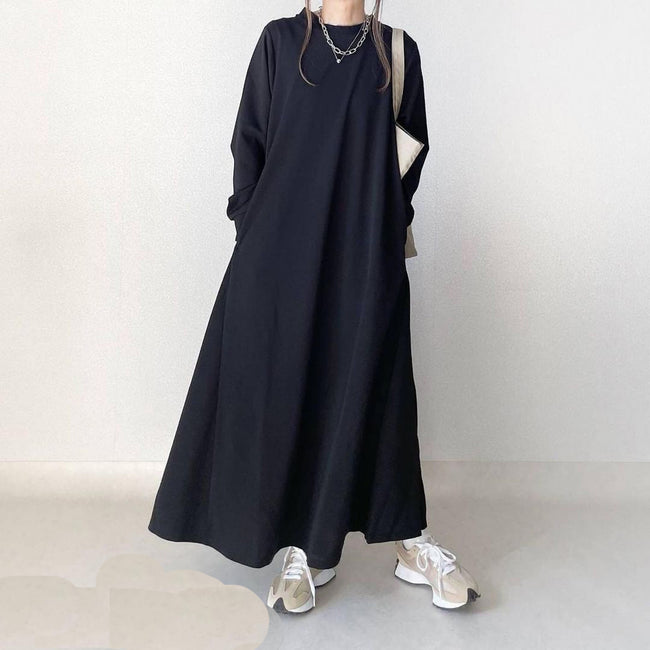 Loose Slimming Round Neck Pouch Long Sleeve Dress Women Hover Image