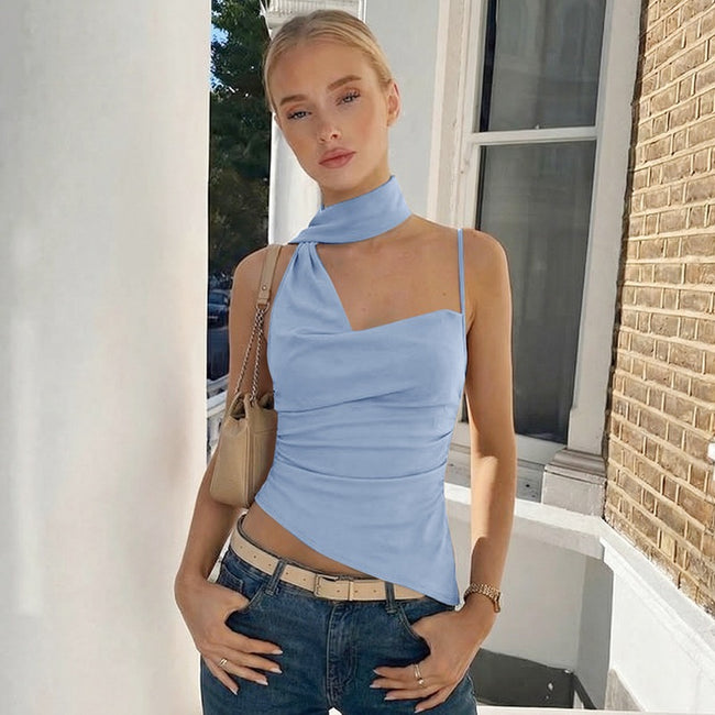 Womens Allure-Style Halterneck Flowy Strap Solid-Color One-Shoulder Camisole Top Hover Image