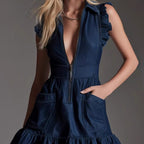 Fashionable Ruffled Sleeveless Denim Dress For Women