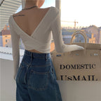 Sexy halter cross white t-shirt women autumn tight-fitting long-sleeved bottoming shirt