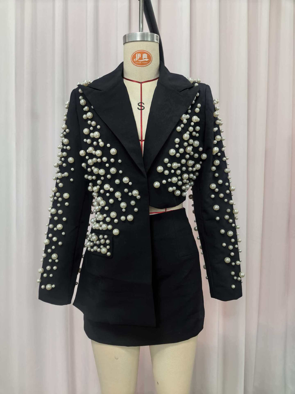 Two Piece Formal Suit Womens Hand Stitched Pearl Blazer And Skirt Set