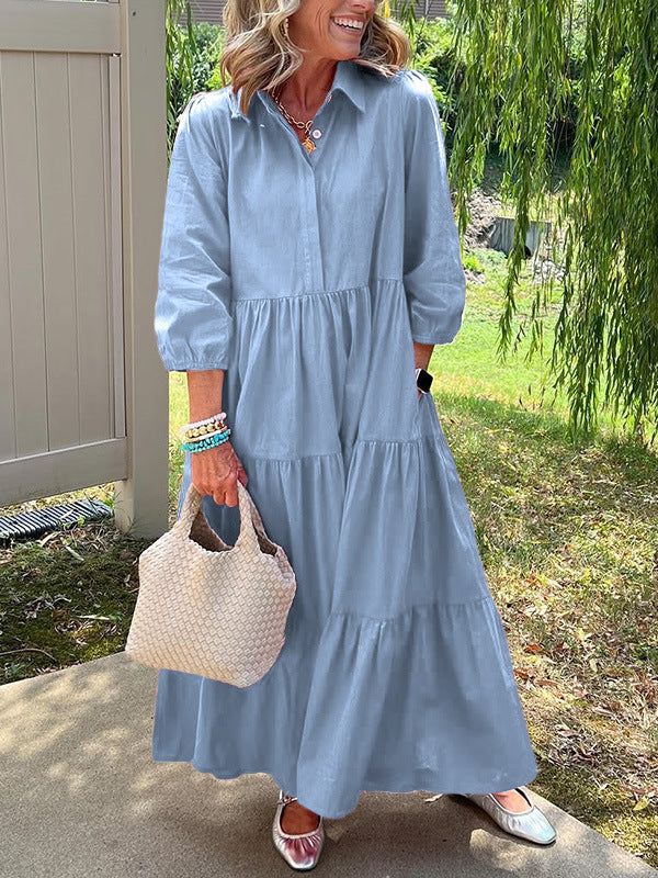 Casual Loose Lapels Mid-sleeve Large Swing Dress
