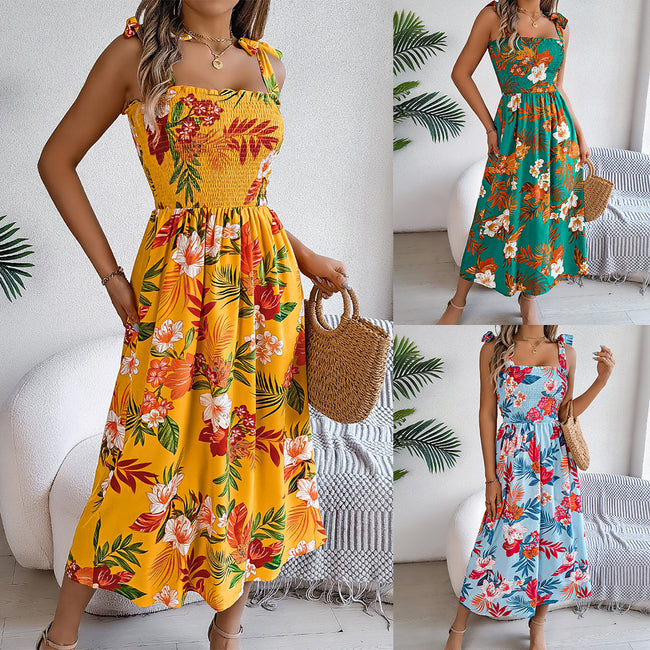 Flowers Print Suspender Corset Dress Ins Fashion Holiday Beach Long Dresses Summer Clothing For Women Hover Image