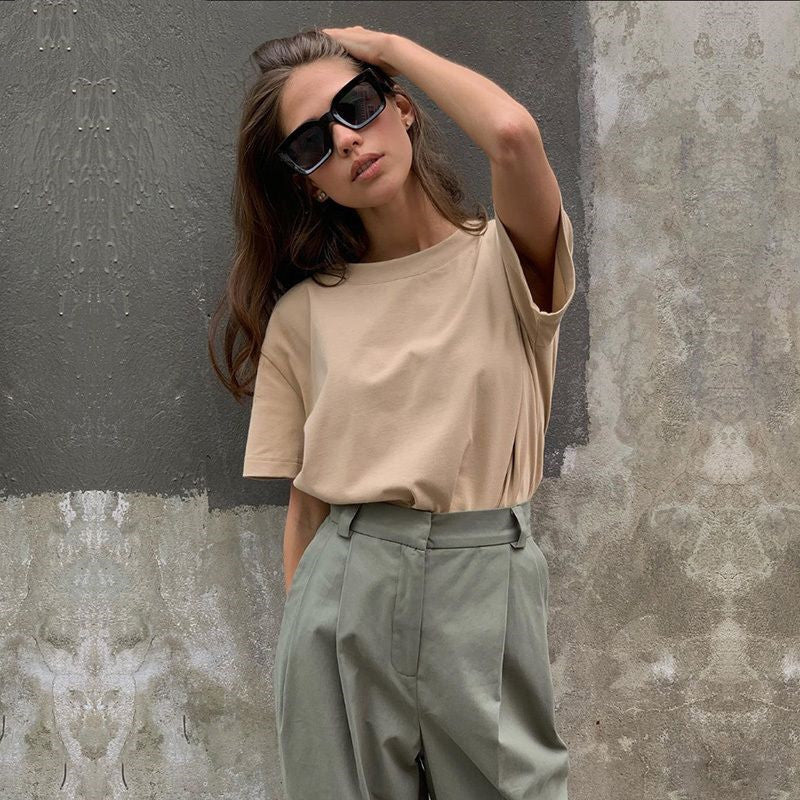 Summer Knitted Basic Solid T-shirt Women Casual Cotto