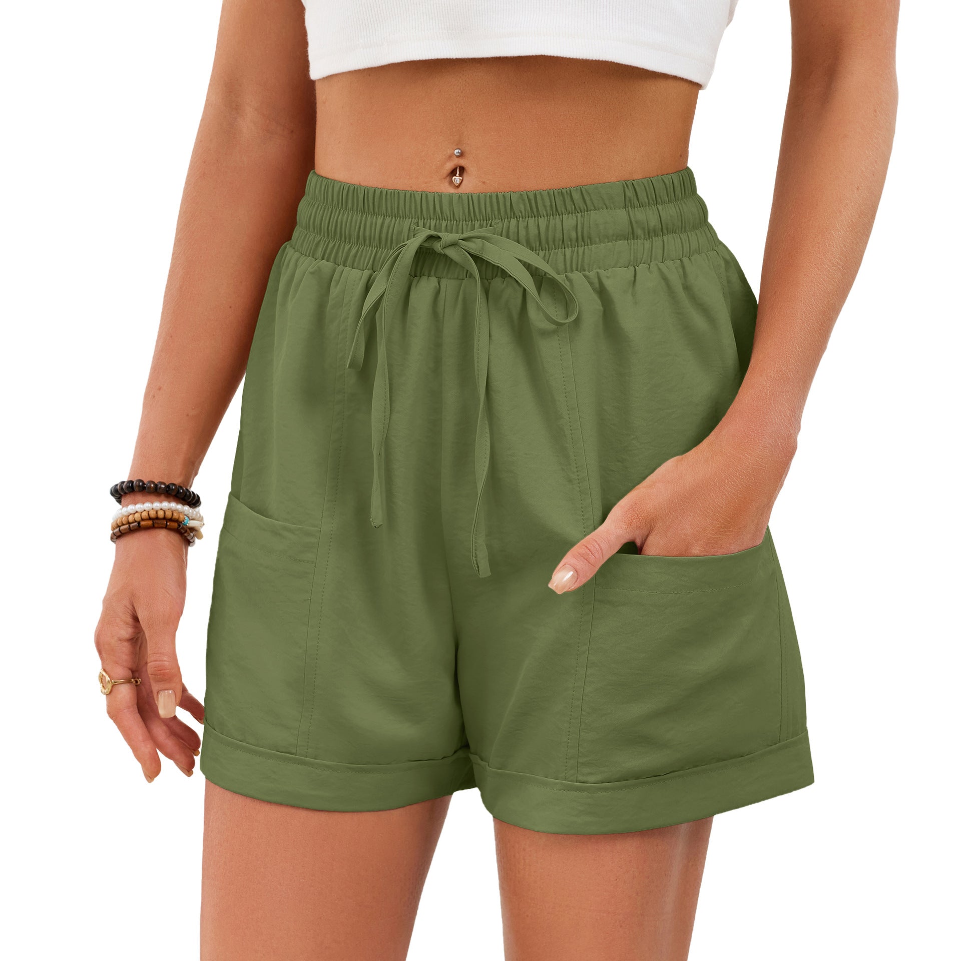 Solid-color Pocketed Drawstring Elastic-waist Loose-fitting Shorts For Women