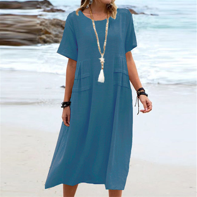Women's Summer Loose Casual Midi Dress Breathable Cotton Linen Short-sleeve Mid-length Dresses Women Simple Beach Dress Main Image