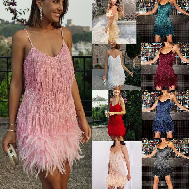 Sexy Tassel Sequins Feather Summer Mini Dress Women V Neck Spaghetti Strap Stitching Dresses Female Elegant Evening Party Club Dress Hover Image
