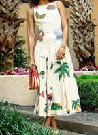Sleeveless Off-neck Printed Backless Dress