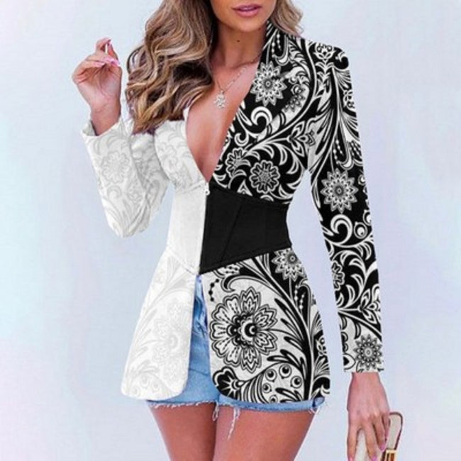 Women's Printed Contrast Color Lapels Blazer Hover Image