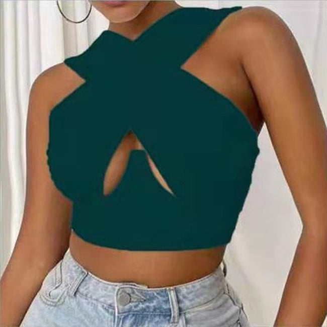 V Neck Cross Cut Zipper Short Umbilical Vest Women Hover Image