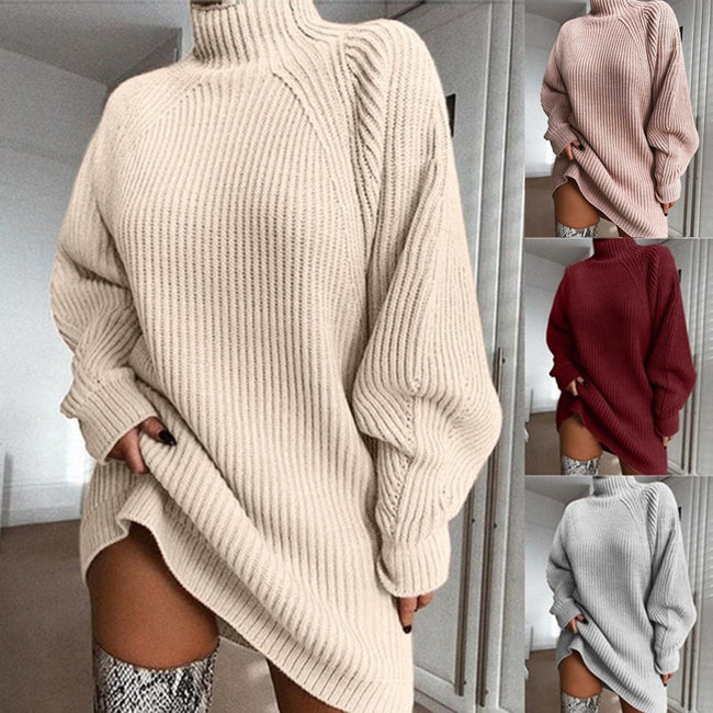 Solid Turtleneck Long Sweater Winter Warm Women Sweater Dress Main Image