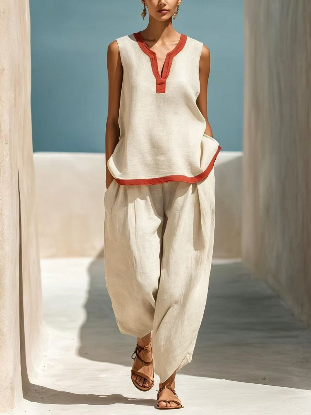 Summer Contrast-Colored Wide-Leg Pants Suit Womens Cotton-Linen Fashionable Two-Piece Set